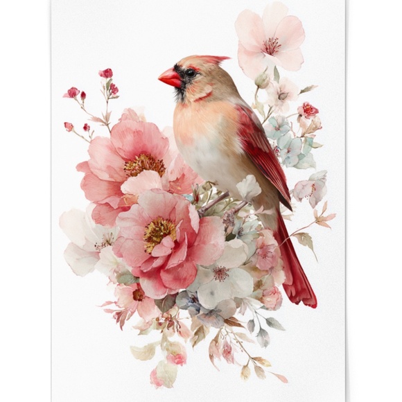 Watercolor Female Cardinal Bird with Flowers Wall Art Print Unframed - Picture 2 of 7